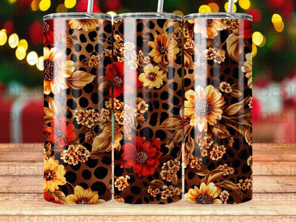 Three tumblers with leopard print and floral designs.
