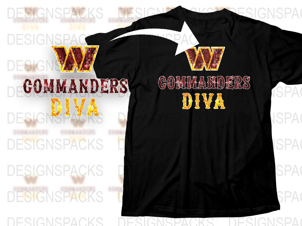 Washington Commanders Diva T-Shirt, Sparkle Logo, Black Tee, Football Fan Apparel, Gift for Her