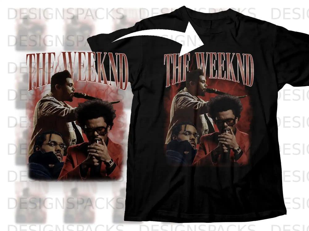 The Weeknd album cover art on a black t-shirt.