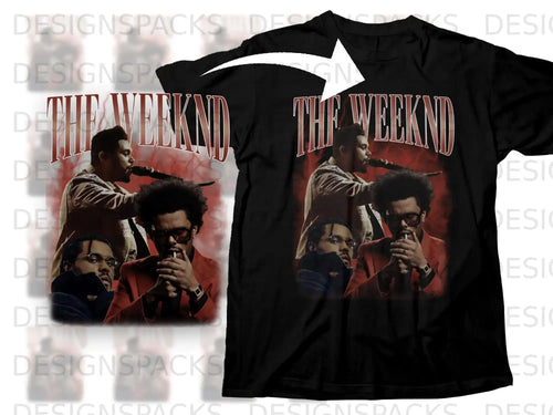 The Weeknd album cover art on a black t-shirt.