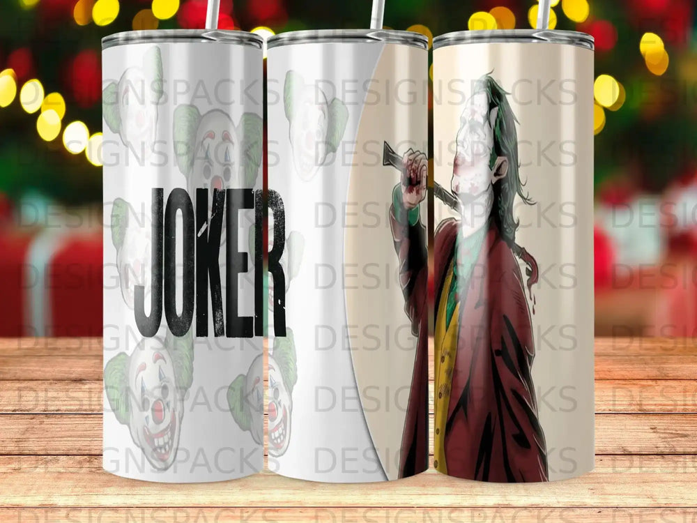 Joker tumbler with a distressed, colorful, and chaotic design.