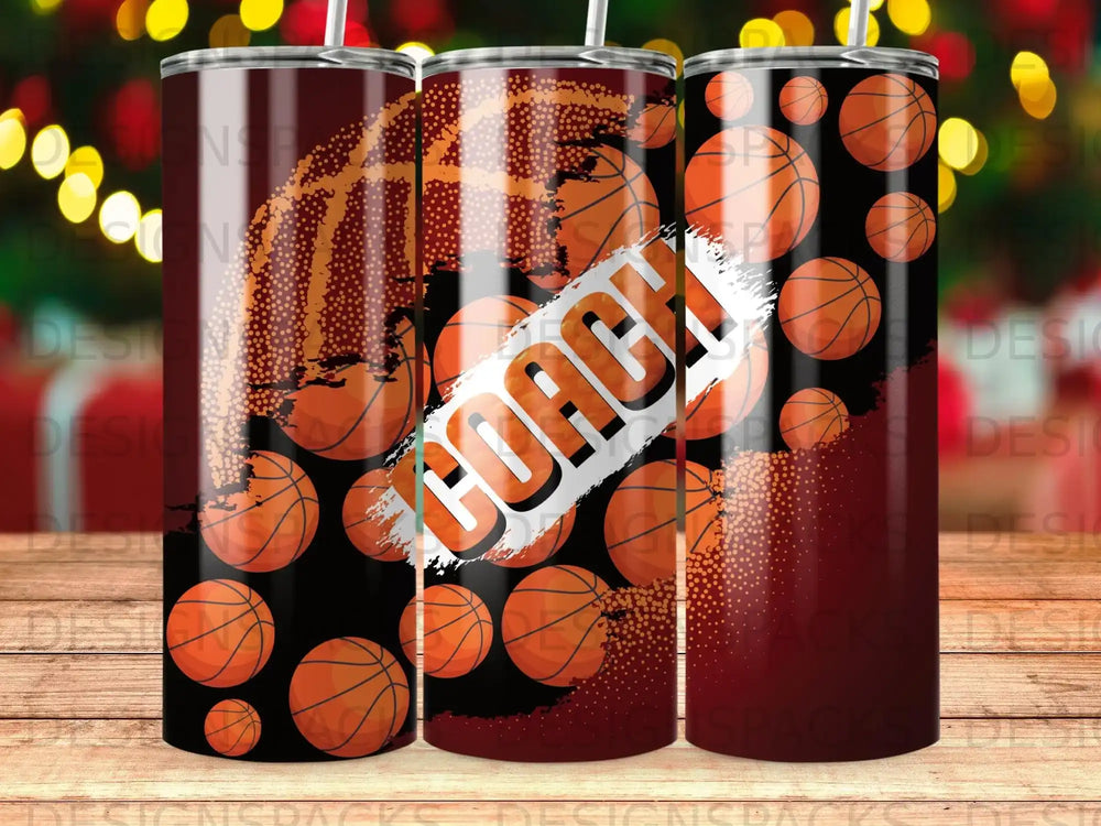 Black tumbler with orange basketballs and "COACH" text.