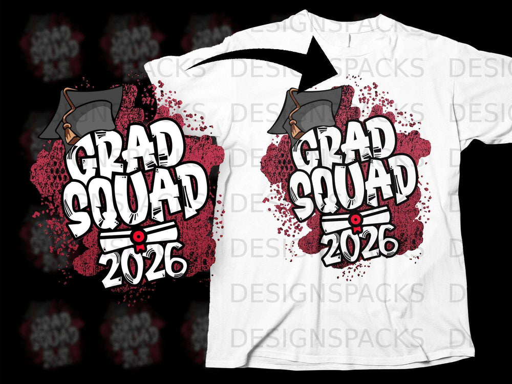 White t-shirt with "Grad Squad 2026" text and graduation cap graphic.