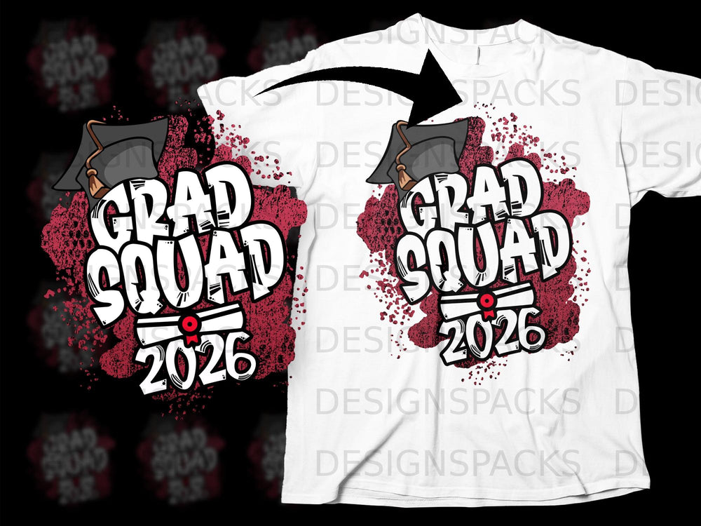 White t-shirt with "Grad Squad 2026" text and graduation cap graphic.