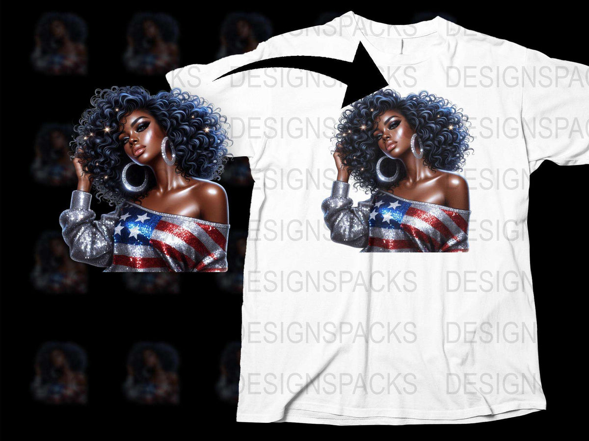 Patriotic Woman T-Shirt, Afro Hairstyle, American Flag, Stylish Graphic Tee, Fashionable Summer Top, Unique Design Shirt