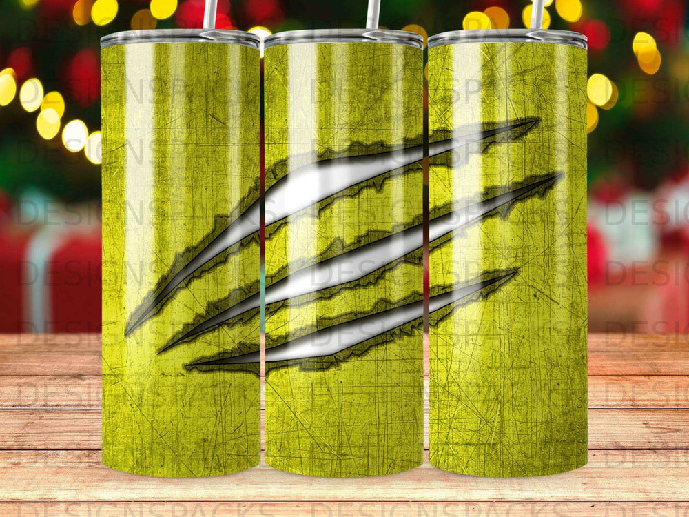 Yellow tumbler with claw marks and a distressed textured background.