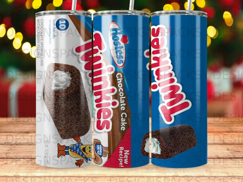 Twinkies snack cakes with "New Recipe!" banner and a character.