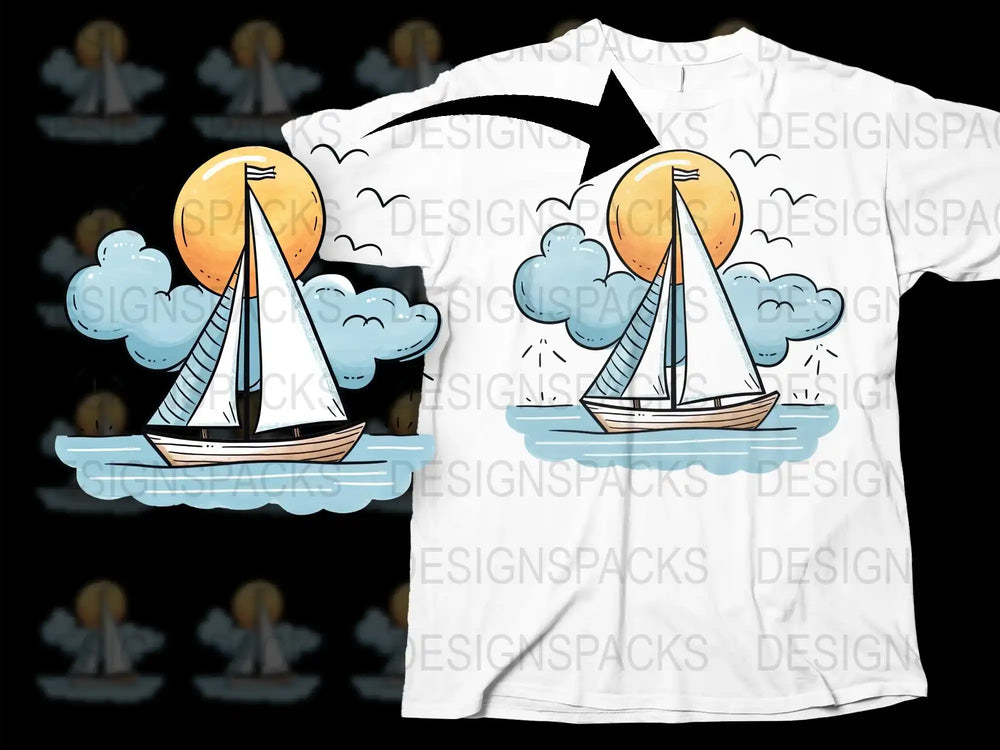 Graphic Sailboat T-Shirt, Nautical Ocean Print Tee, Summer Sailing Sunset Top, Unisex Casual Style Shirt, Gift for Sailors