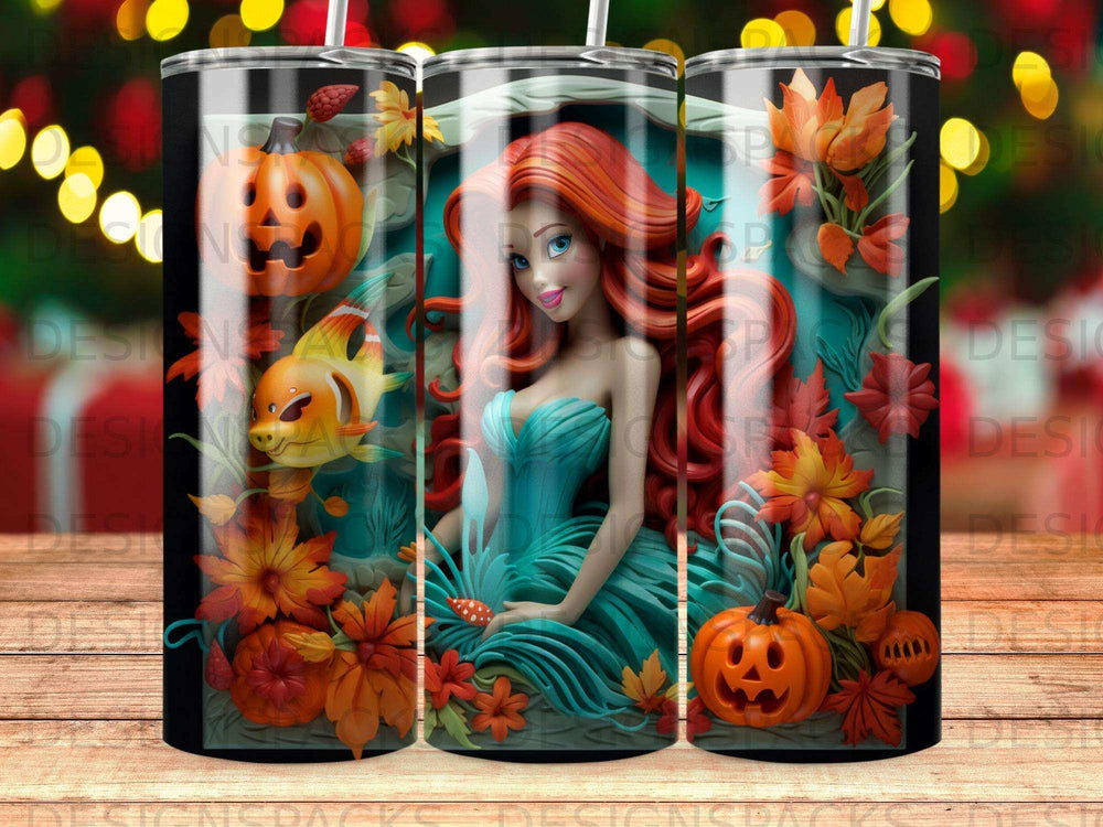 Ariel with pumpkins, leaves, and a fish, Halloween theme.