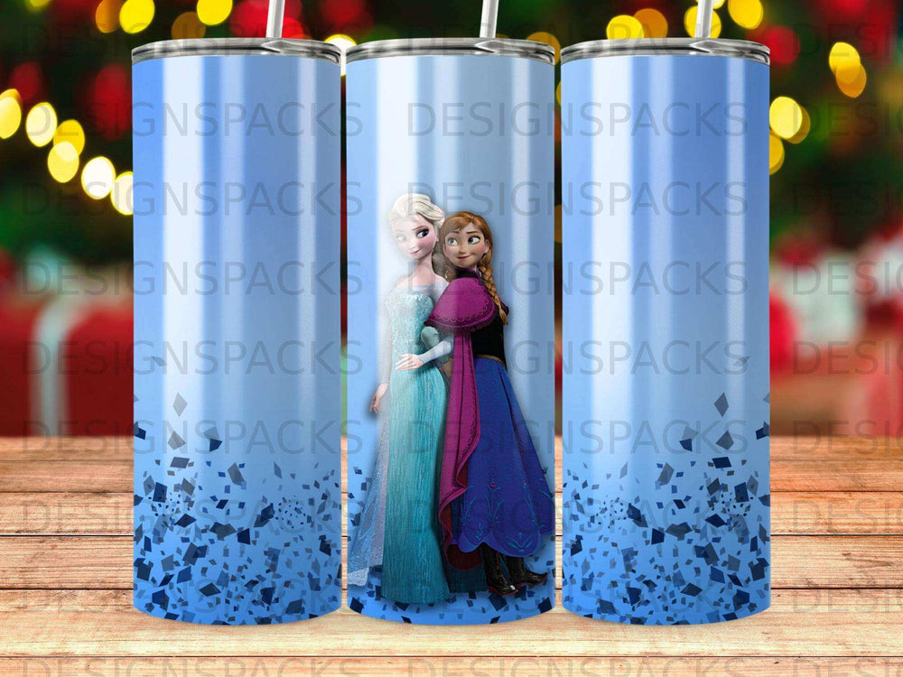 Frozen characters Elsa and Anna on a blue gradient tumbler with blue speckles.