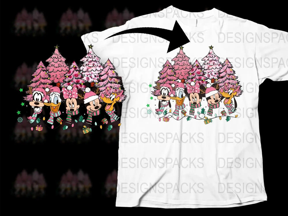 Festive Christmas Tree Cartoon Characters T-Shirt, Holiday Family Matching Tees, Cute Graphic Shirts for All Ages