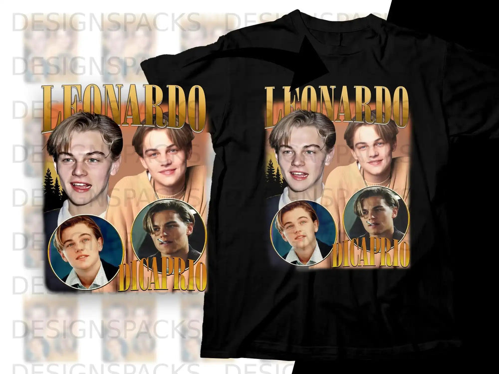 Black t-shirt featuring two portraits of Leonardo DiCaprio with "DiCaprio" text.