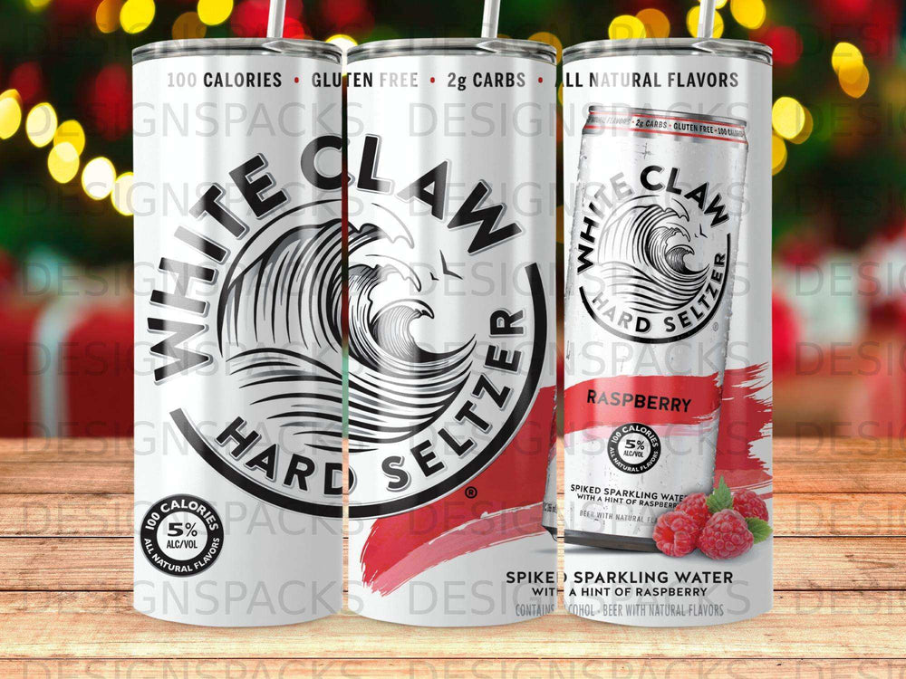 White Claw Hard Seltzer Raspberry can with nutrition facts and branding.