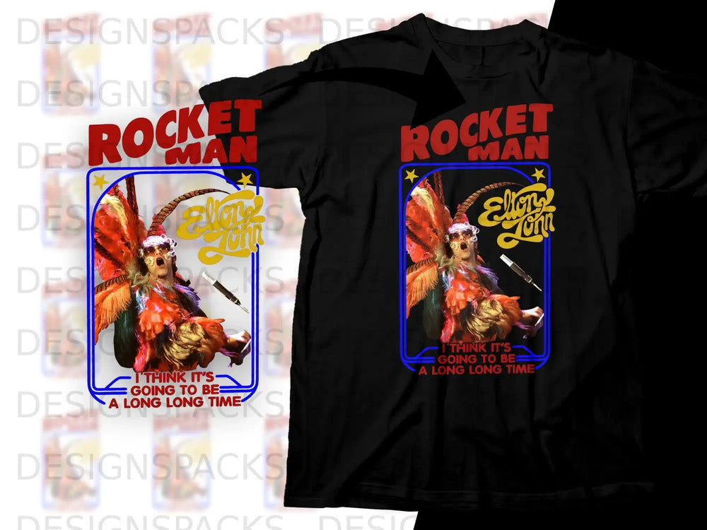 Elton John "Rocket Man" graphic tee with a winged figure.