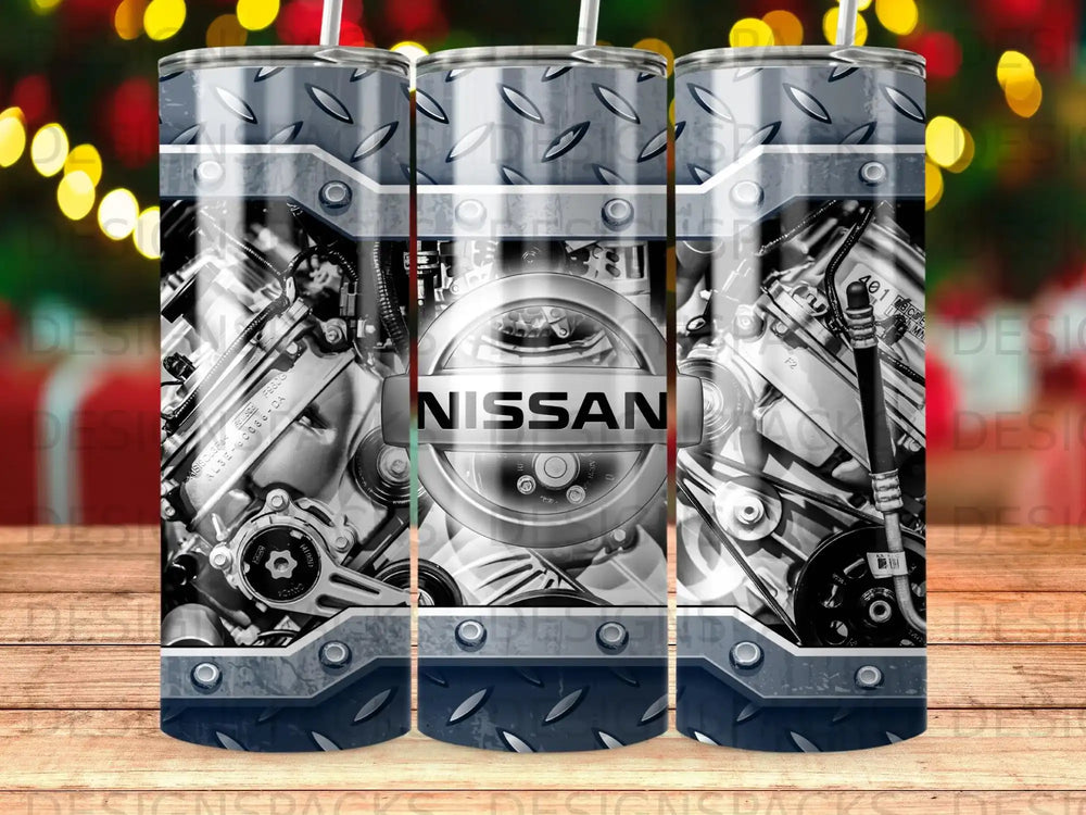 Nissan engine pattern on a tumbler with a metallic and diamond plate design.