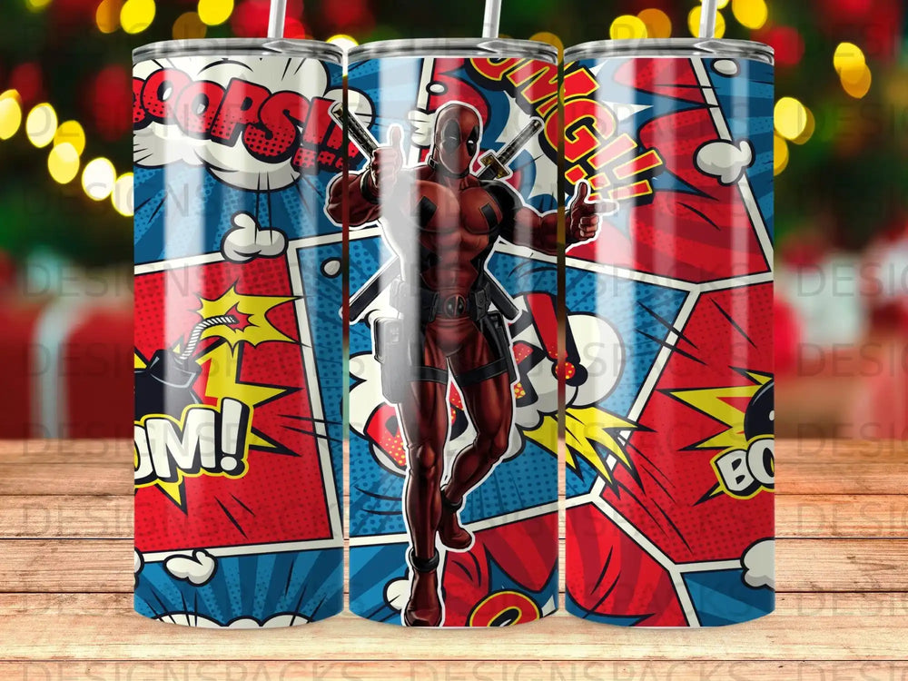 Deadpool in comic book style, holding guns, with "POW!" and "BOOM!" text.