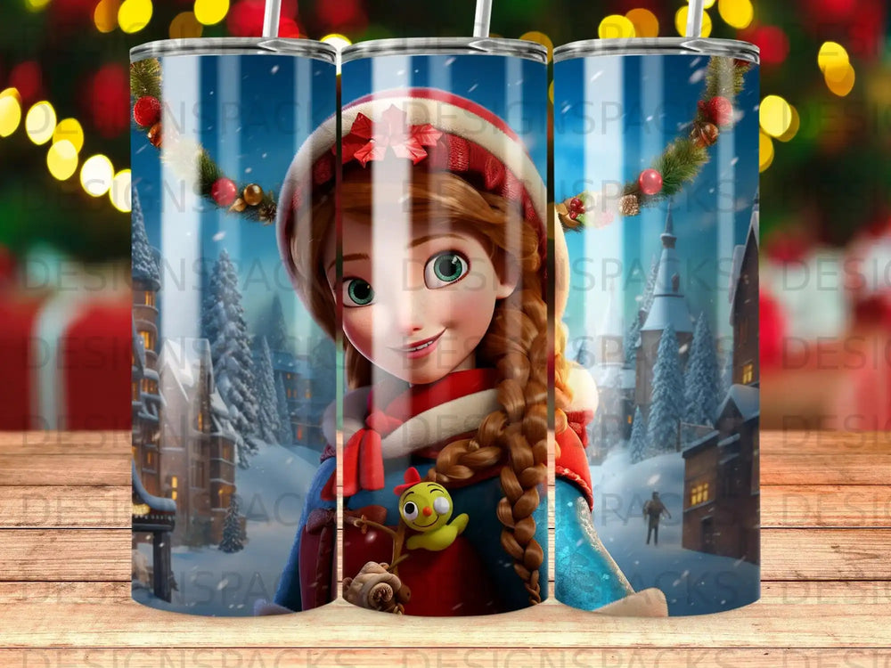 Disney's Anna character in festive winter setting, holding plush toy.