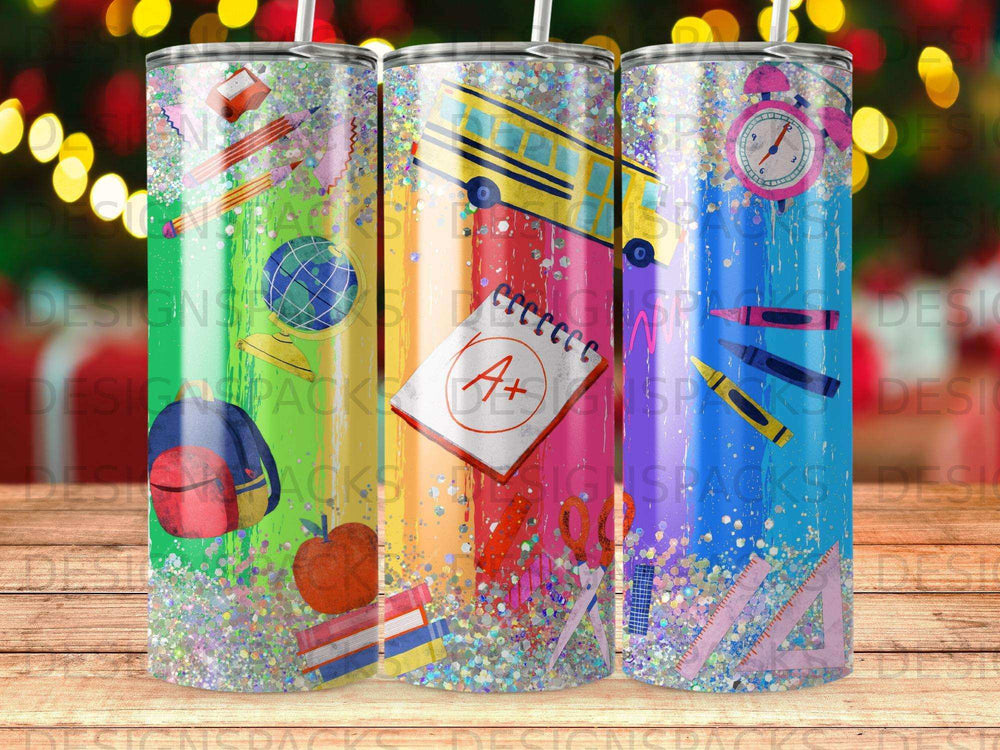 Back to school pattern with school bus, crayons, ruler, apple, and A+ on a tumbler.
