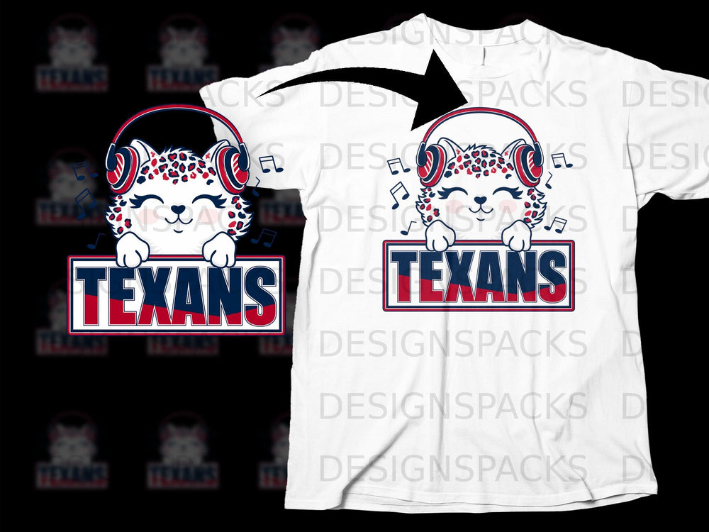 Cute leopard character wearing headphones holds "Texans" text with musical notes.
