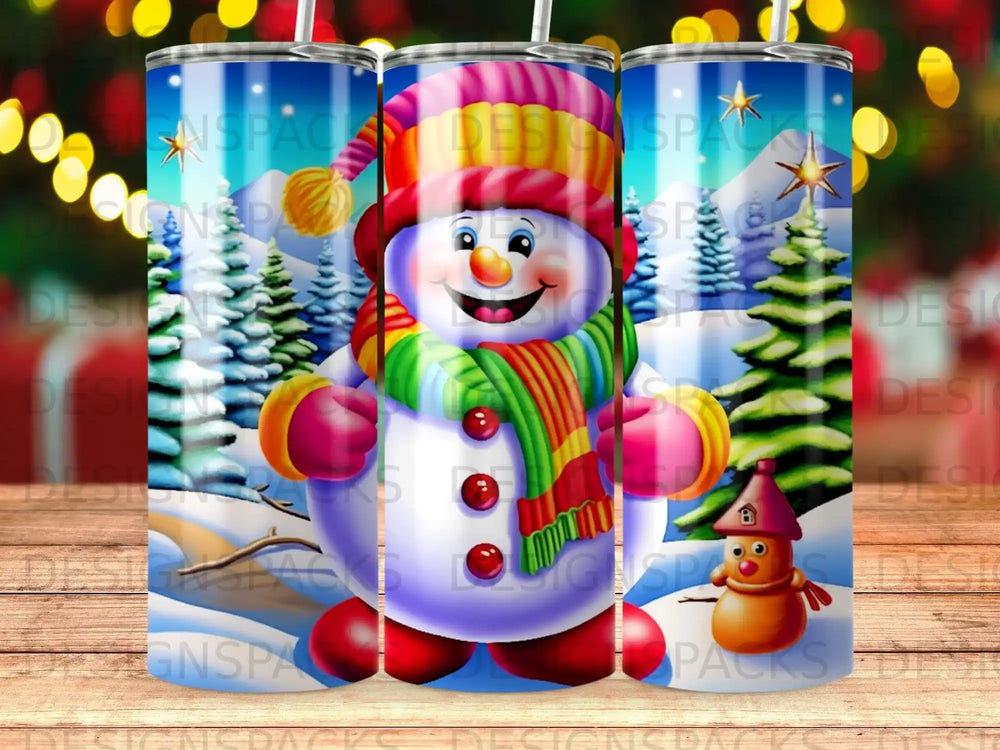 Cheerful snowman with colorful scarf and hat in snowy forest.