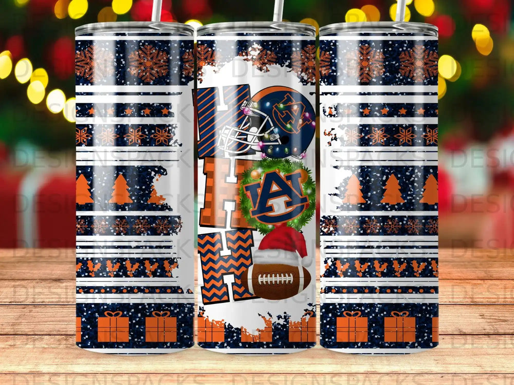 Tumbler wrap with "HO HO HO" text, holiday pattern, and football logo.