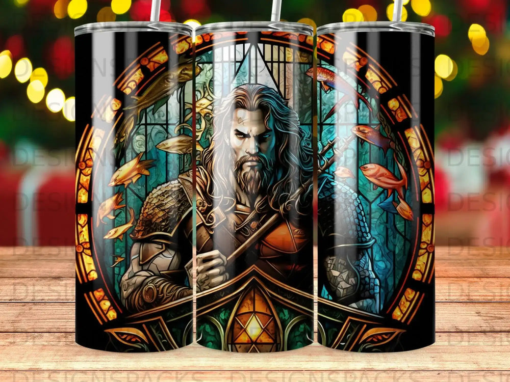 Warrior with long beard and armor in stained glass style, holding a staff.
