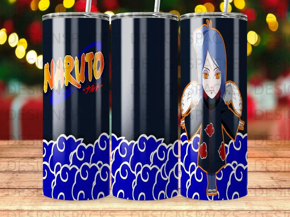 Naruto anime character Konan on a dark blue tumbler with white clouds.