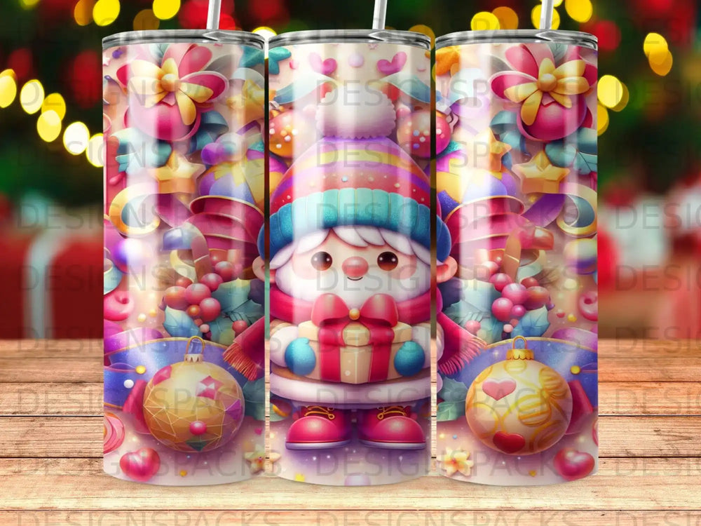 Christmas gnome with gifts, ornaments, and festive decorations.