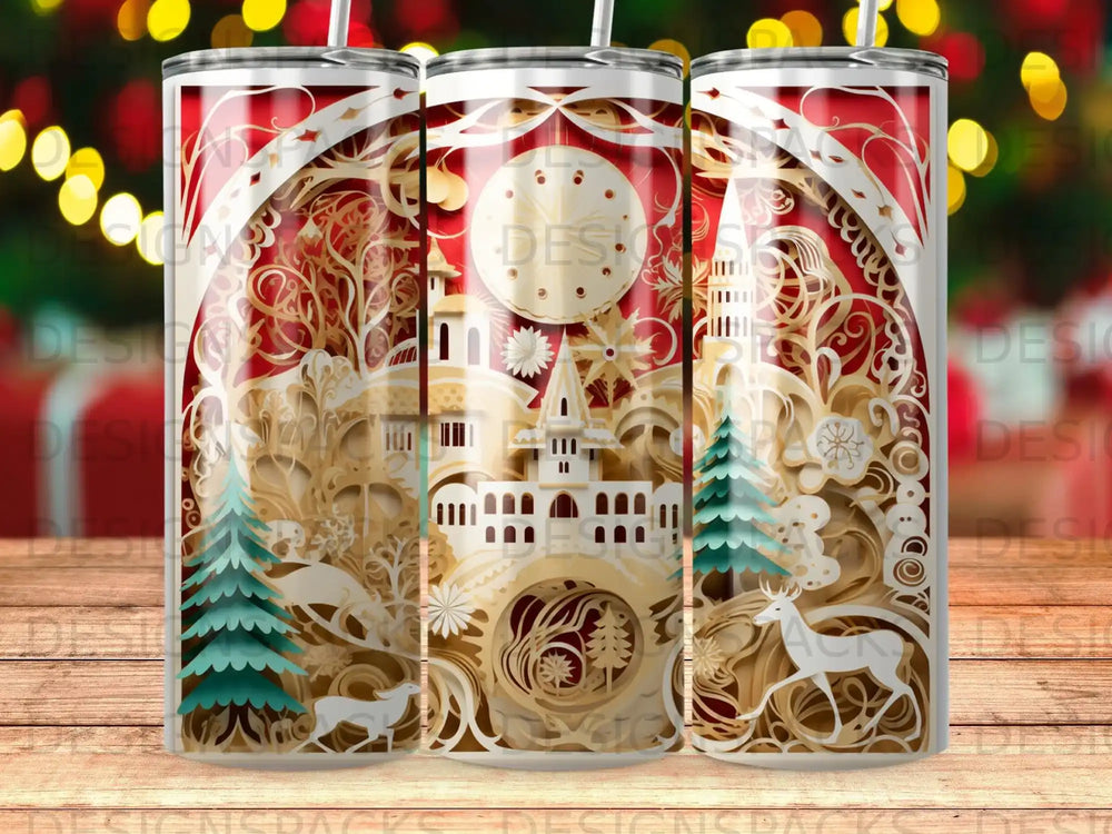 Red and white paper cut-out design with deer, trees, and buildings.