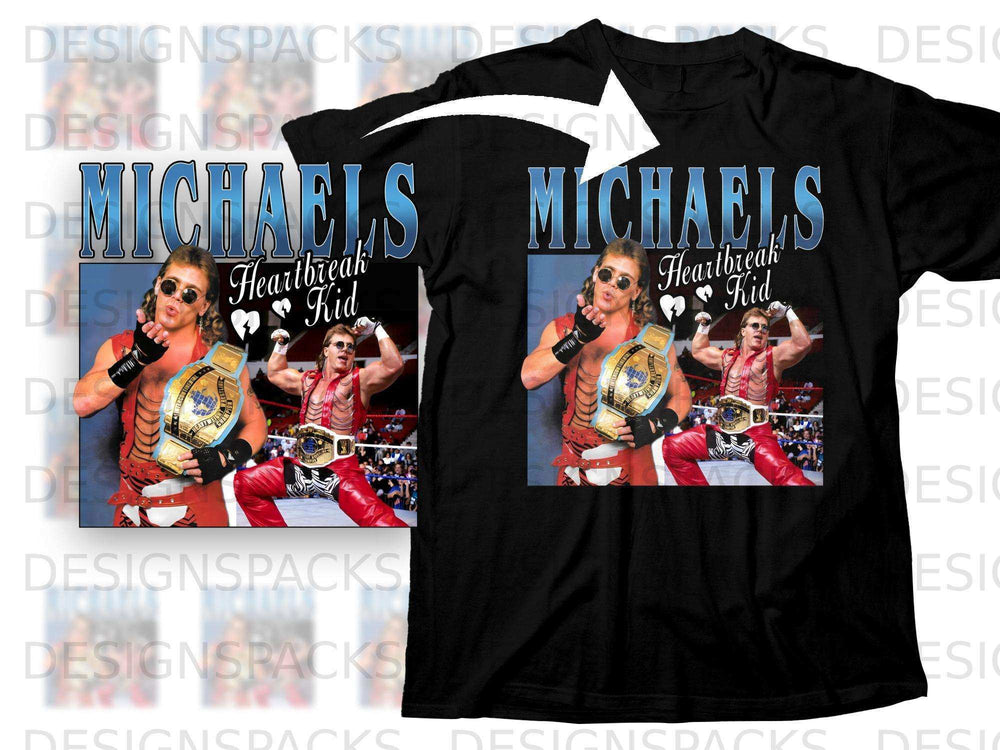 T-shirt with Michaels "Heartbreak Kid" wrestling graphic.