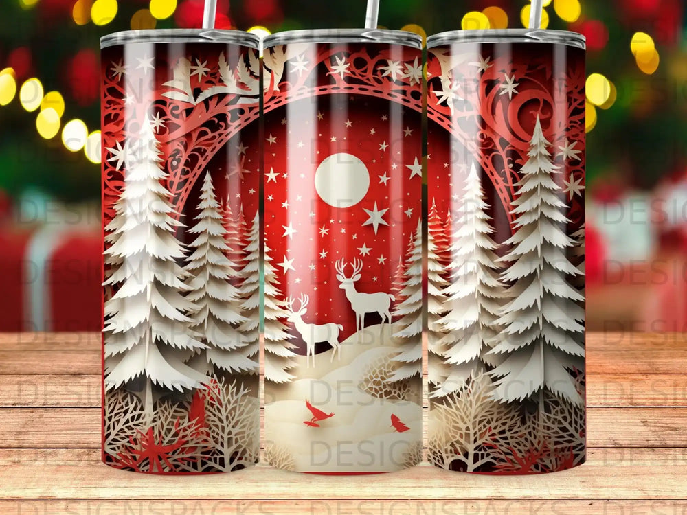 Red and white layered paper-cut scene of deer in a snowy forest under a starry sky.