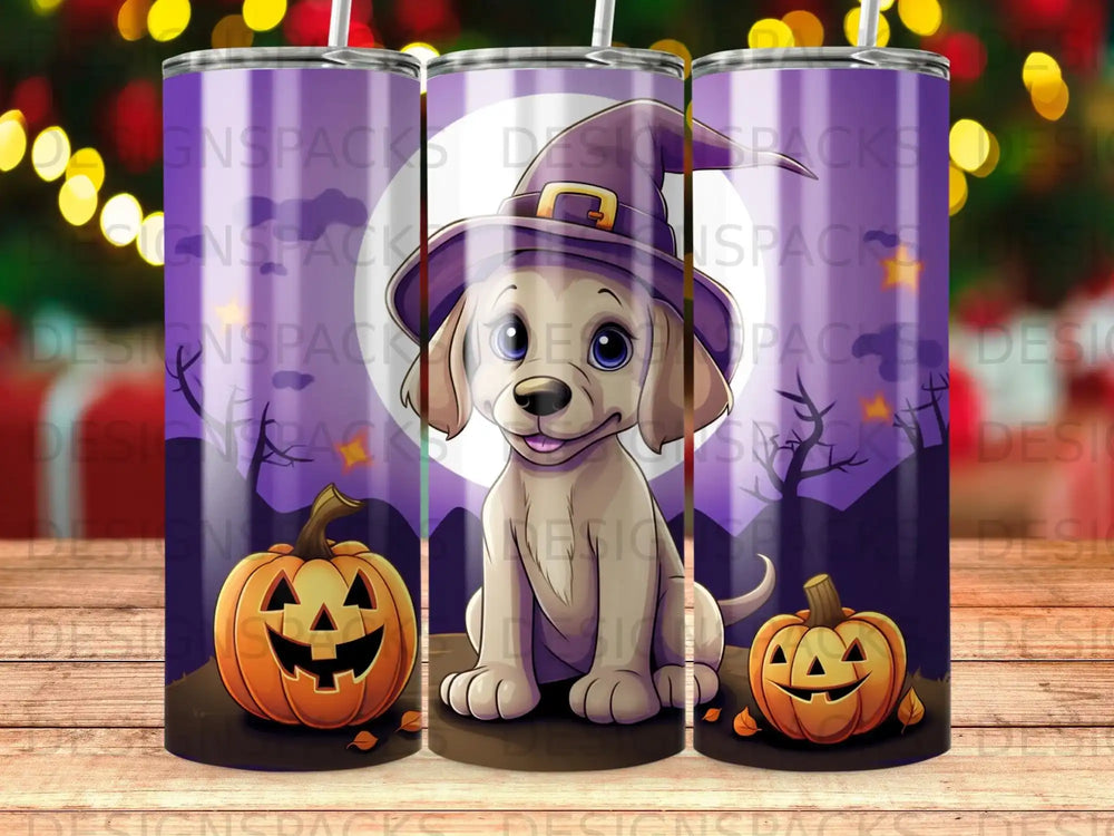 Puppy in witch hat with pumpkins, Halloween design on tumbler.
