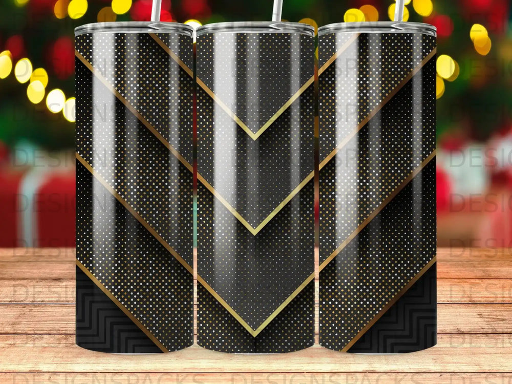 Black tumbler with gold chevron pattern and scattered dots.