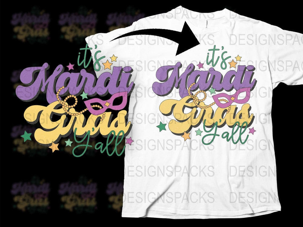 Mardi Gras Shirt, Colorful Party Tee, It's Nerdy Gras Y'all, Fun Festival Outfit, Graphic T-Shirt Design, Purple Green Gold
