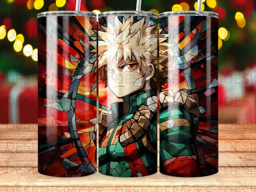 Anime character with spiky blond hair and red eyes, detailed outfit.