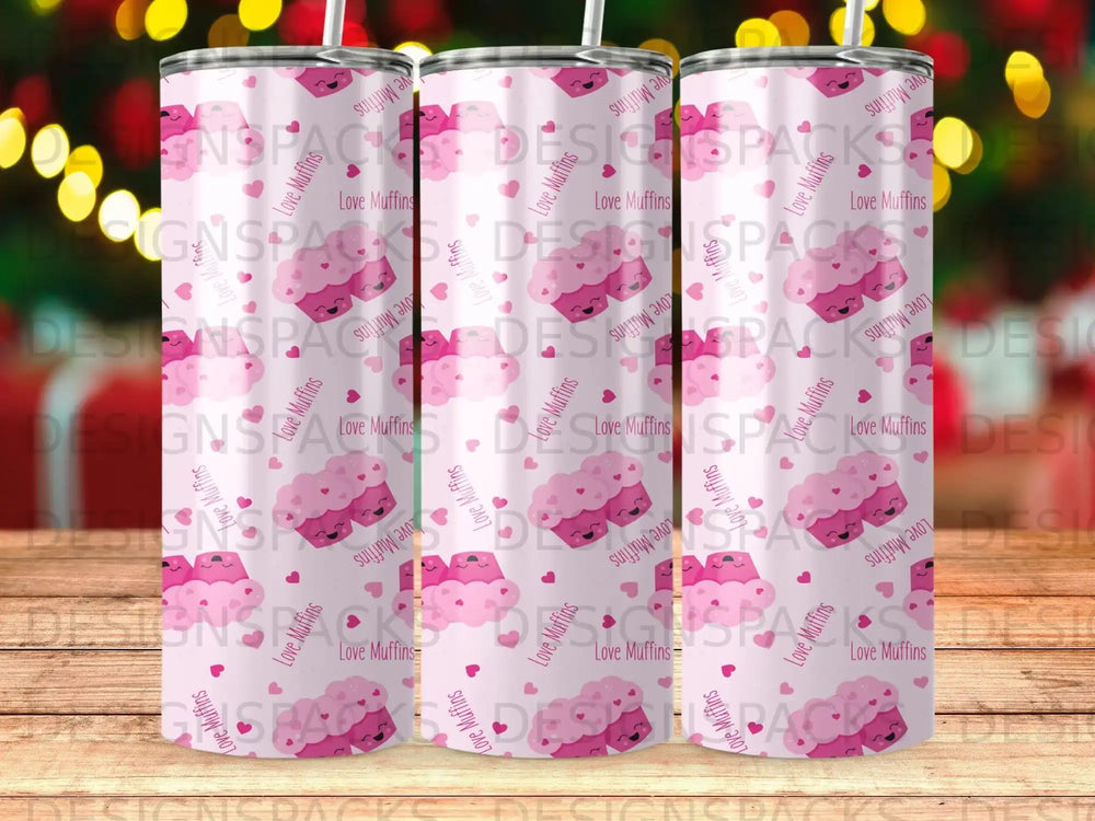 Pink tumbler with repeating "Love Muffins" text and heart graphic.