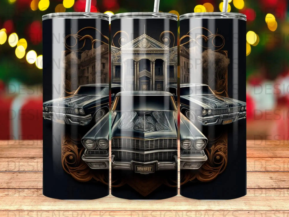 Vintage black car with ornate gold detailing on a tumbler.
