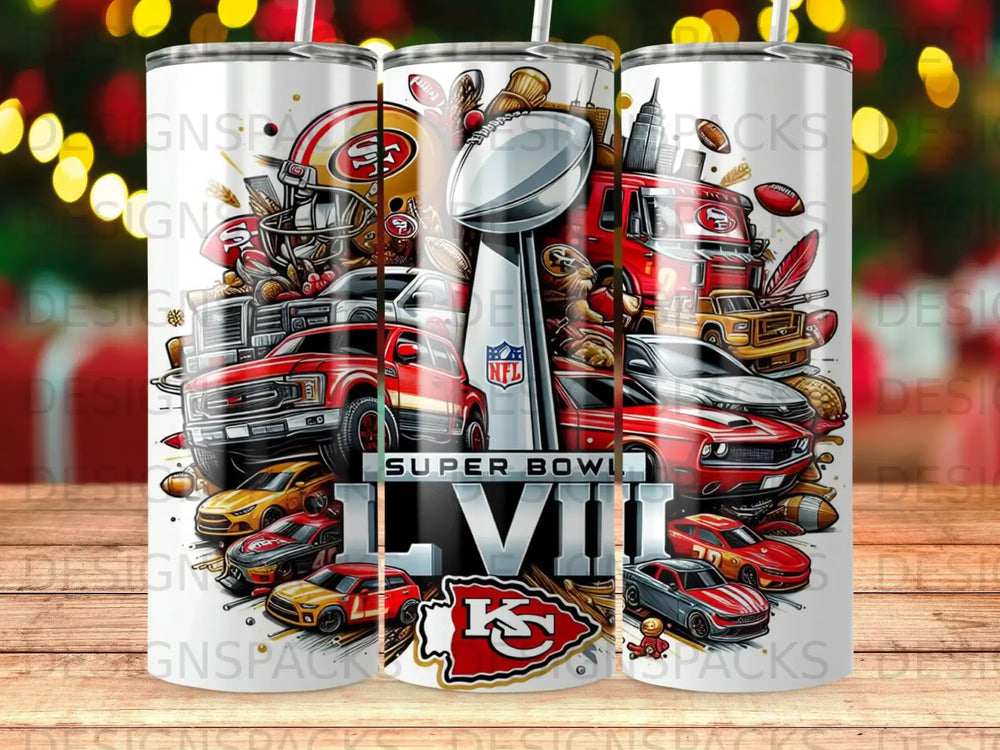 Super Bowl LVIII NFL logo with cars and football helmets on a tumbler.