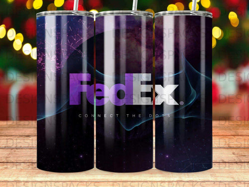 FedEx Connect the Dots tumbler with purple and blue galaxy background.