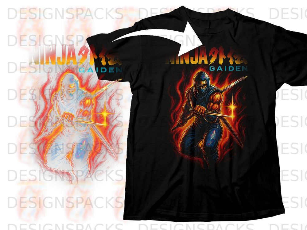 Black t-shirt featuring a blue ninja wielding swords amidst flames and "NINJA GAIDEN" text.