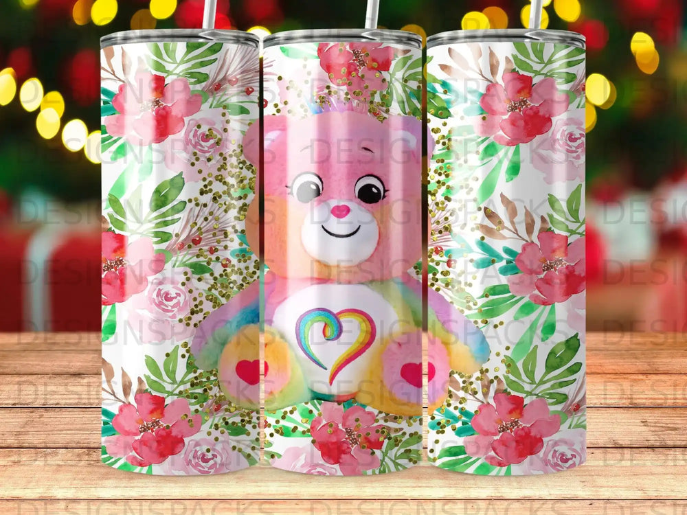 Pink bear with rainbow heart on floral background tumbler.