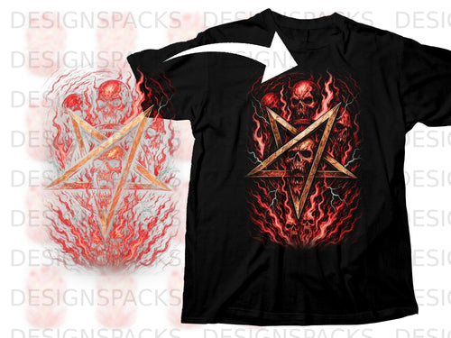 Black t-shirt with a fiery pentagram and skulls graphic design.