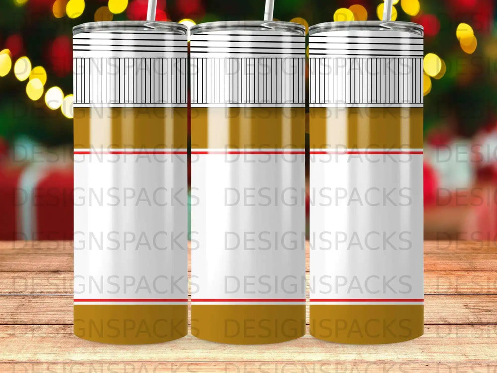 Three identical blank tumblers with a gold and white striped design.