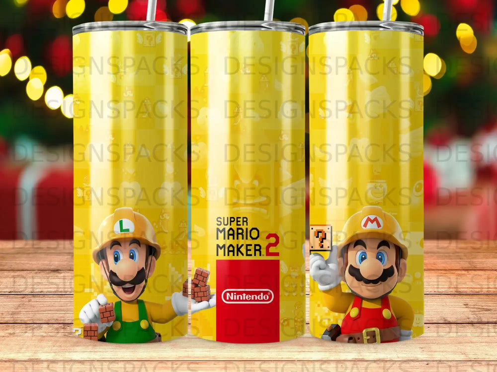 Super Mario Maker 2 Nintendo logo and characters on a yellow tumbler.