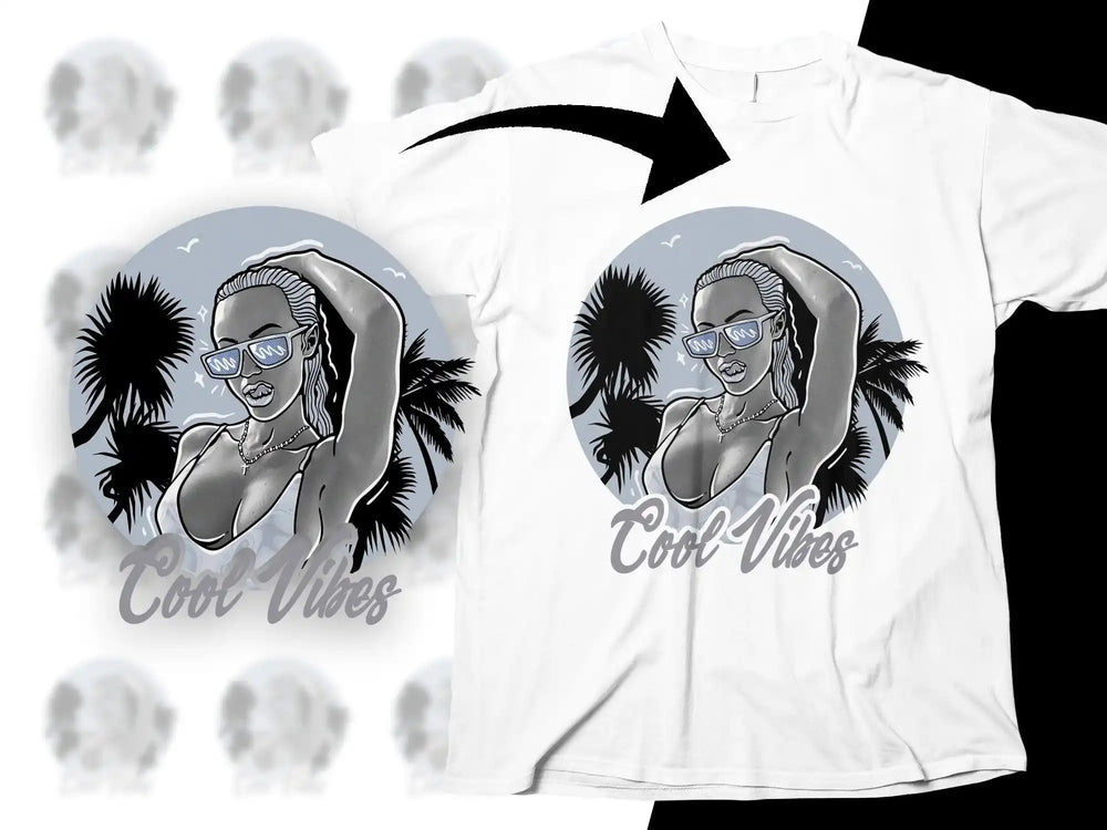 Cool Vibes t-shirt design with woman in sunglasses and palm trees, print-ready graphic