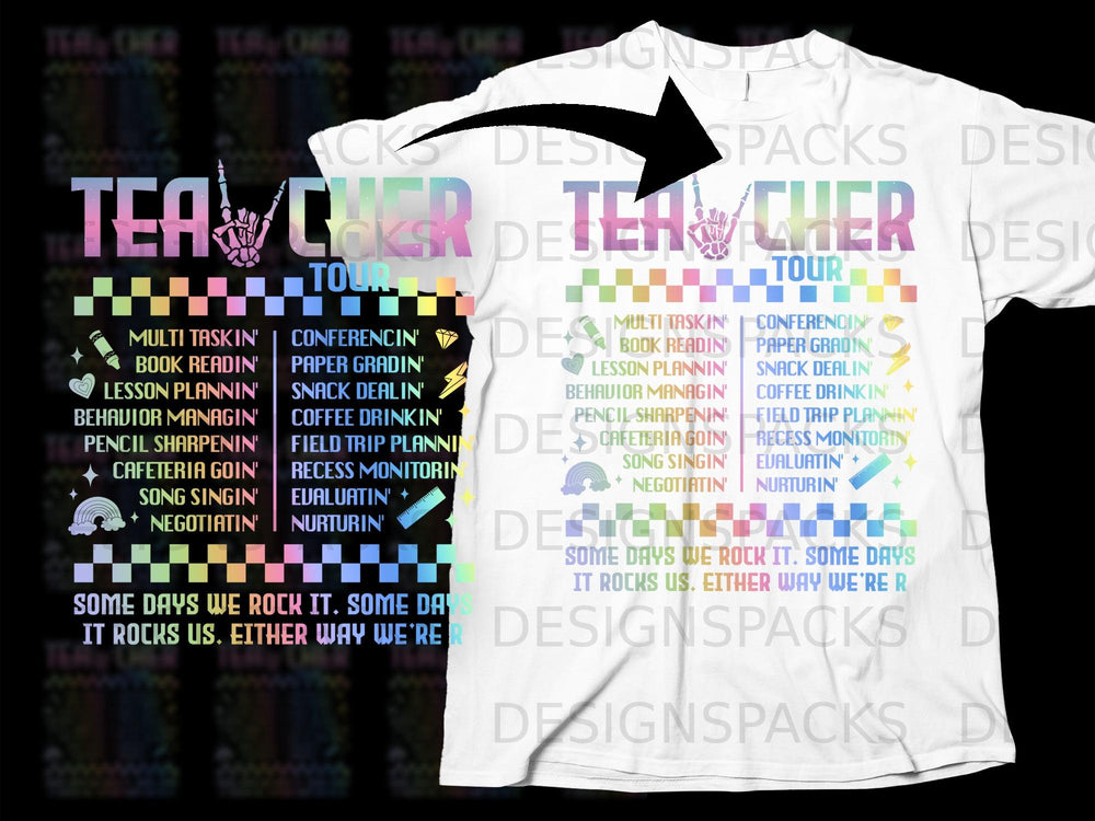 Teacher Tour shirt with rainbow checkered border and list of teacher tasks.