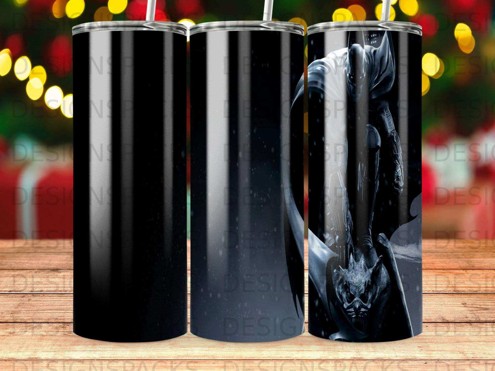 Tumbler with dark, distressed Batman graphic and subtle speckling.