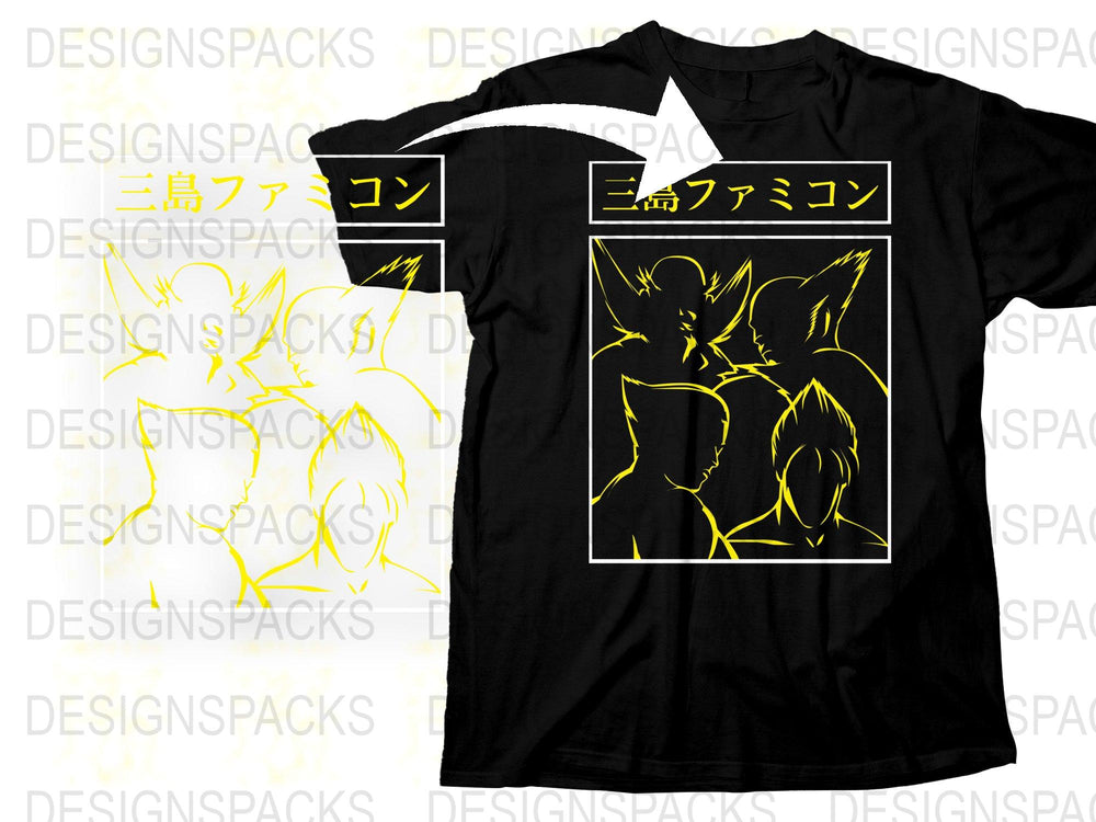 Anime Fox Duo Black T-Shirt, Japanese Text Graphic Tee, Cool Streetwear, Unisex Fashion Top
