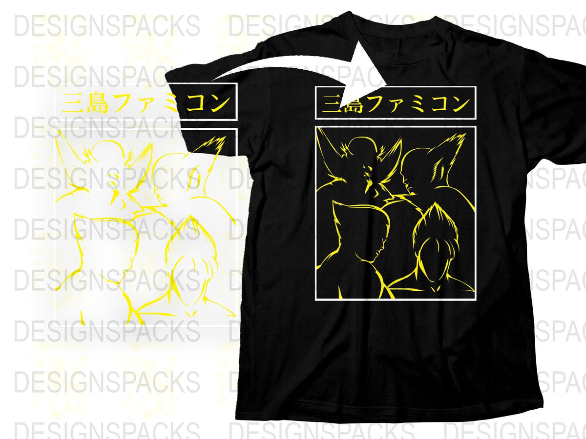 Anime Fox Duo Black T-Shirt, Japanese Text Graphic Tee, Cool Streetwear, Unisex Fashion Top