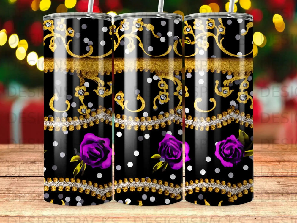 Black tumbler with purple roses, gold scrollwork, and silver dots.